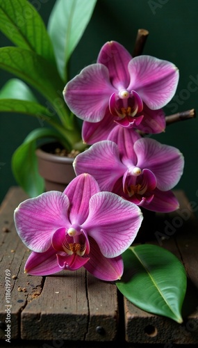 Exotic orchid blooms on a rustic wooden surface with greenery, botanical, nature photo