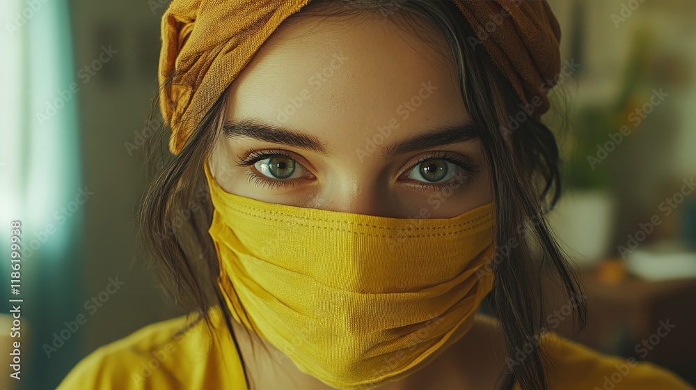 A symbolic portrait of resilience and health featuring a masked individual with expressive eyes in soft lighting. A symbolic portrait of resilience and health featuring a masked individual with expressive eyes in soft lighting.