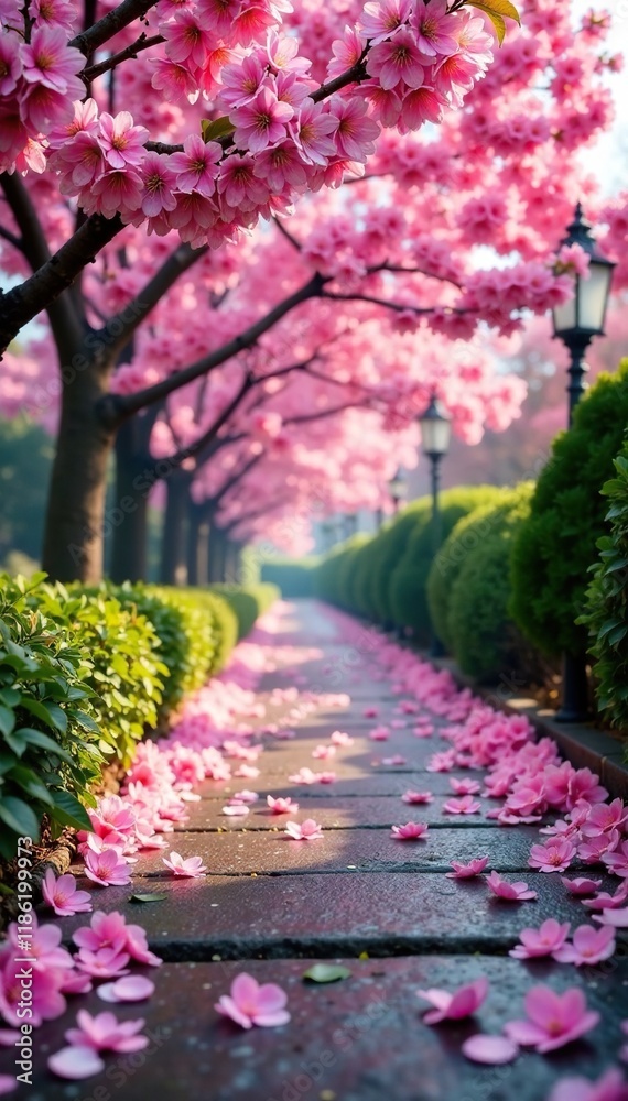 Naklejka premium Pink sakura blossom flowers scattered on a stone path, sakura blossoms, pink flowers