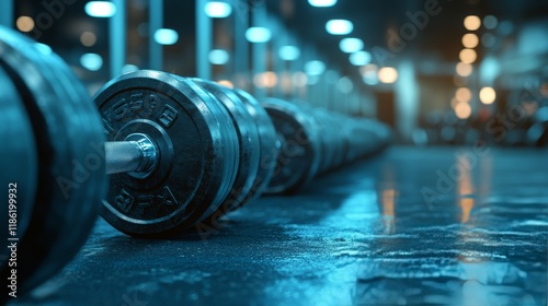 Weightlifting equipment arranged neatly in a modern gym during early morning ...
