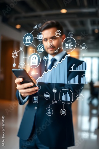 Businessman using mobile smartphone and icon network connection data with growth graph customer, digital marketing, banking and payment online, planning , economic, sale, target, management 
