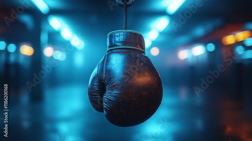 Brown leather boxing glove hangs from a rope in a gym bathed in blue light