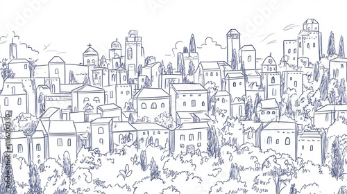 Wallpaper Mural Hand-drawn hillside town with dense trees and houses  
 Torontodigital.ca