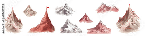 Hand drawn pencil sketch of a mountain landscape. A route for climbers.
