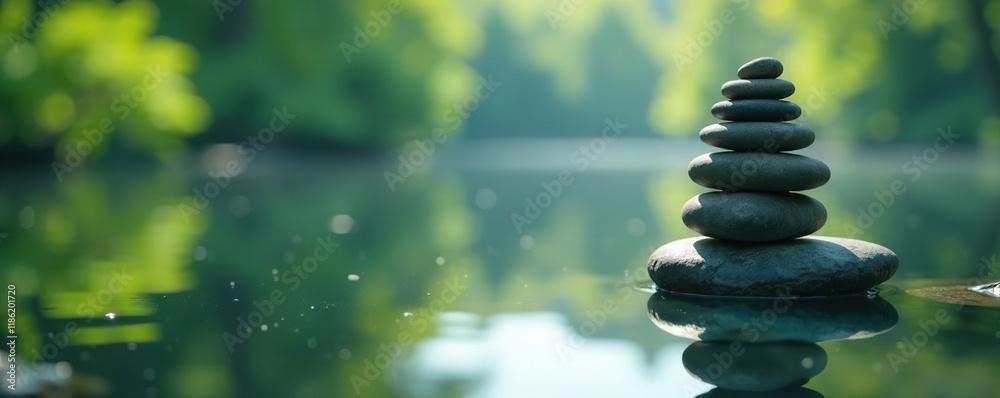 Tranquil lake surface reflected in a stack of balanced zen stones, peaceful, reflection, calmness Tranquil lake surface reflected in a stack of balanced zen stones, peaceful, reflection, calmness