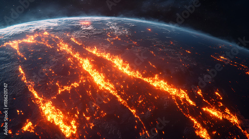 Plasma flares emerging from Earth s crust, burning energies across globe, conceptual artistic disaster. photo