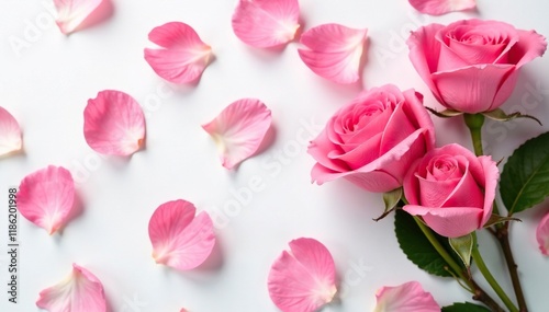Delicate pink rose petals scattered on a white background, garden, flowers, spring