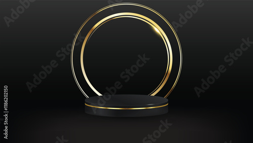 Gold podium for product presentation vector illustration. Abstract empty golden award platform with neon glowing round frame and rays, glitter confetti sparkle rain falling from above background