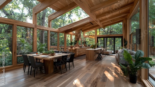 Modern wooden forest retreat: spacious dining and living area with natural light