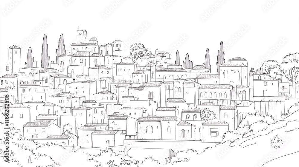 A clean line art sketch of a Mediterranean hilltop village with detailed rooftops trees and rolling hills capturing the essence of traditional architecture
A clean line art sketch of a Mediterranean hilltop village with detailed rooftops trees and rolling hills capturing the essence of traditional architecture