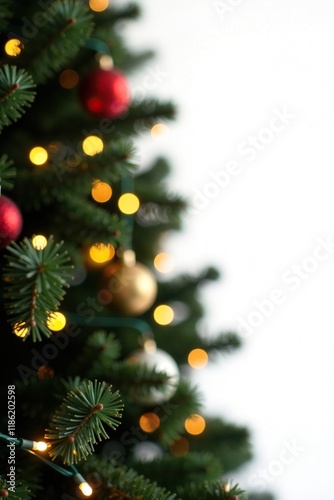 Twinkling string lights adorn a Christmas tree against a stark white background, twinklinglights, decoration, whitebackground photo