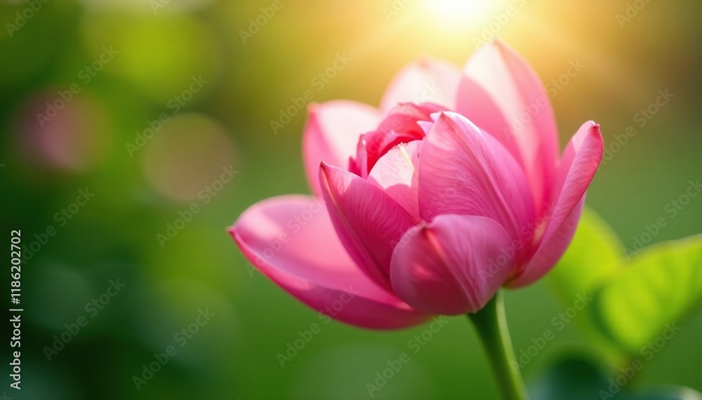 Soft pink petals unfolding in gentle sunlight, pink, green Soft pink petals unfolding in gentle sunlight, pink, green