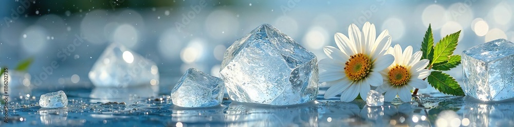 Camomile and chicory flowers trapped in translucent ice with succory, frozen, flower