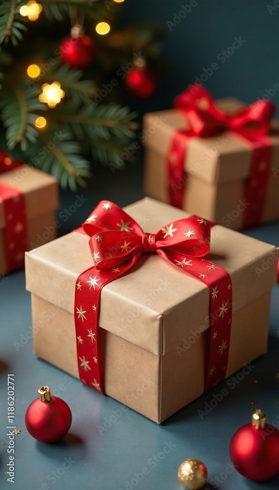 Carton box wrapped in festive paper with bows, presents, holiday, festive Carton box wrapped in festive paper with bows, presents, holiday, festive