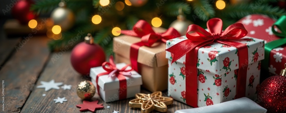 Colorful presents wrapped in paper with ribbons tied on a decorated tree, garlands, wrapping paper Colorful presents wrapped in paper with ribbons tied on a decorated tree, garlands, wrapping paper