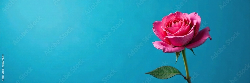 Fototapeta premium A solitary Scotch Rose blooms against a brilliant blue background, nature, , scotch rose