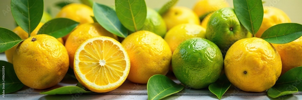 viele reife Limetten in einem k?nstlerischen Arrangement, saftig, Bl?ten, gelb viele reife Limetten in einem k?nstlerischen Arrangement, saftig, Bl?ten, gelb