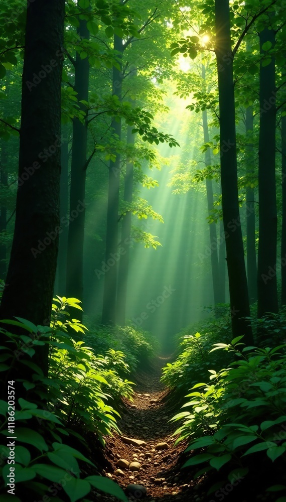 Naklejka premium Dense foliage and dappled light in a forest clearing, foliage, greenery, forest