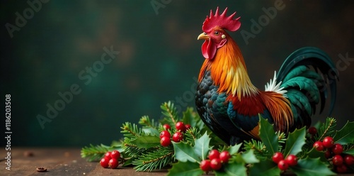 Wallpaper Mural Regal rooster seated upon a pile of festive holly and mistletoe, holiday spirit, festive colors, evergreen garlands Torontodigital.ca