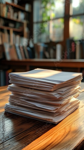 Stacked papers on a wooden table near a window in a cozy library setting