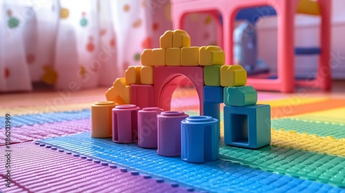 Colorful building blocks arranged on a vibrant quilt in a sunny playroom