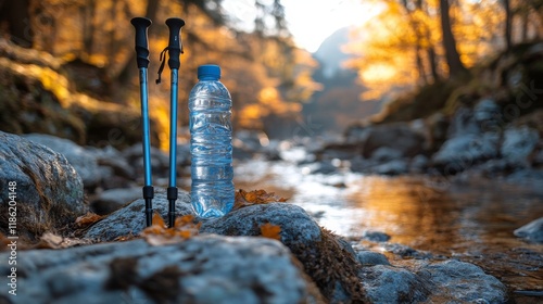 Hiking backpack and water bottle on rocky terrain surrounded by autumn foliage
