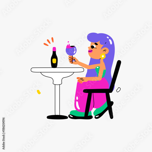 Woman Drinking Wine At Table In Flat Vector Illustration Symbolizing Relaxation, Socializing, And Solitude, Isolated On White Background