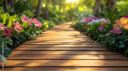 Sunlit wooden pathway surrounded by vibrant flowers in a lush garden setting