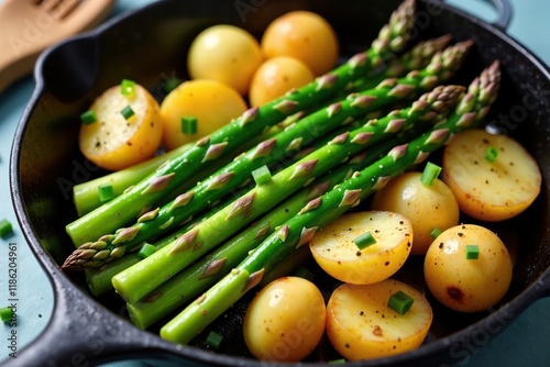 Pan-seared asparagus with chives and potatoes, savory, spring, pan