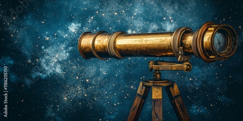 Antique brass telescope, stargazing, night sky, cosmic background, science exploration photo