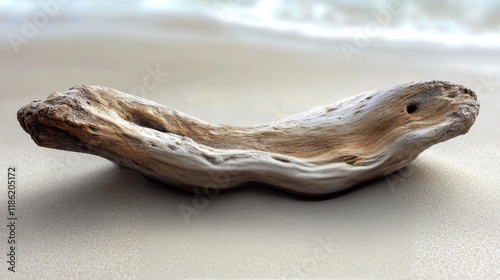 Curved driftwood lying on sandy surface under soft light at beach location