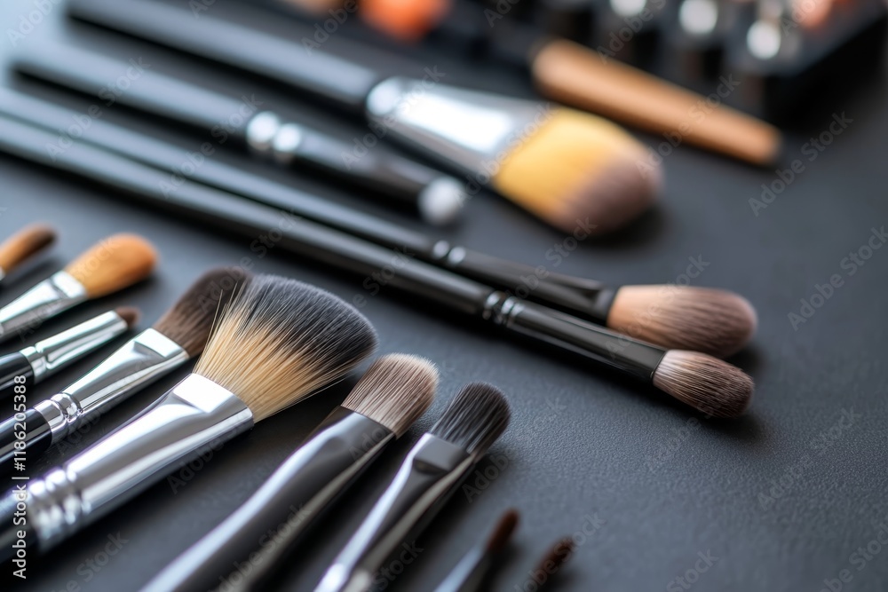 Collection of cosmetic brushes laid out on a black surface for makeup application and beauty routines Collection of cosmetic brushes laid out on a black surface for makeup application and beauty routines