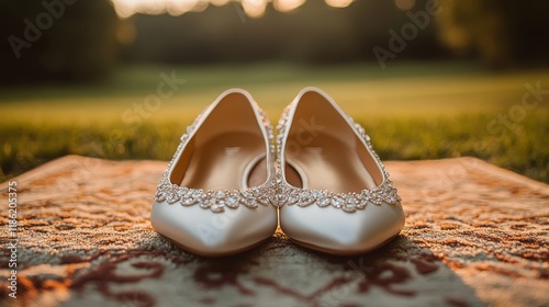 Elegant bridal shoes placed on a decorative rug in a serene outdoor setting d...
