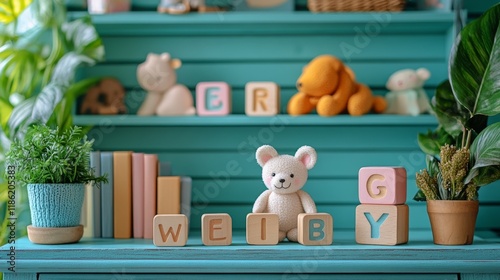 Bright and colorful toy blocks organized on a shelf in a playful children's r...