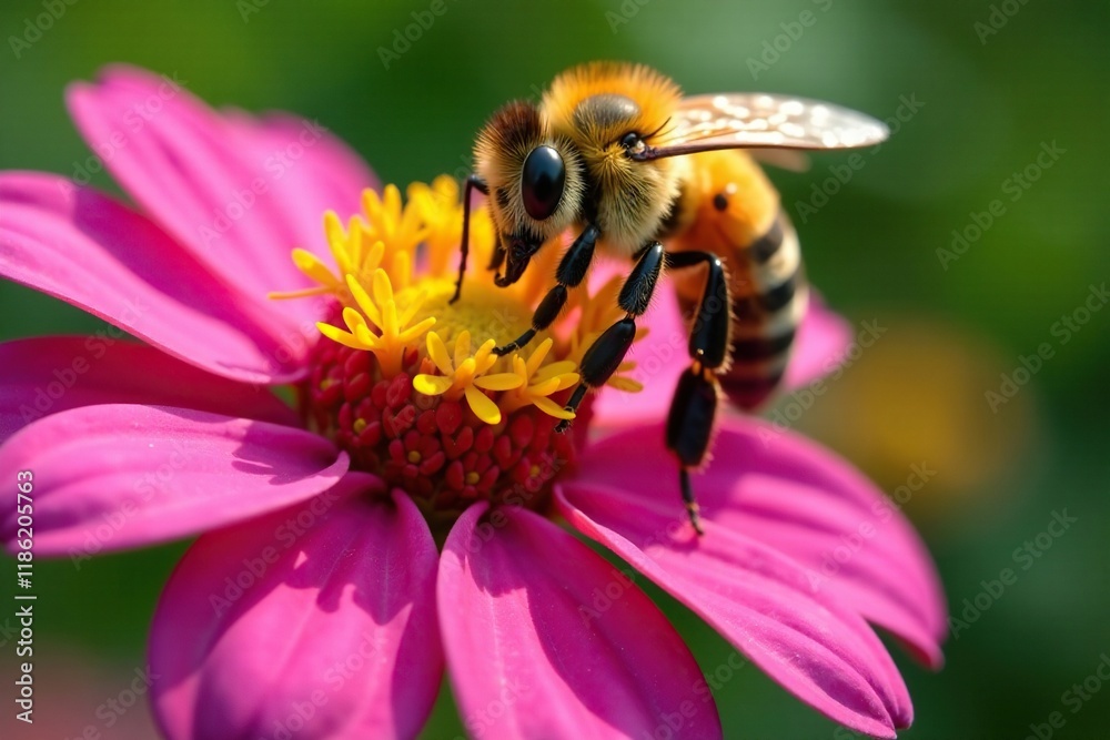 A single honeybee collects nectar from a colorful flower, bee, flower A single honeybee collects nectar from a colorful flower, bee, flower