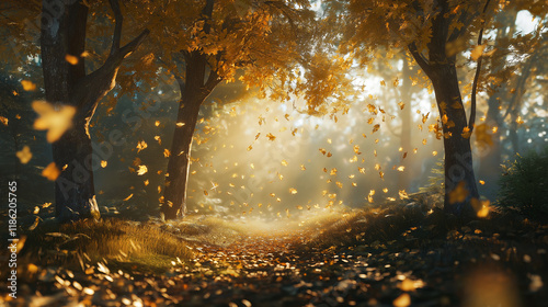 A magical autumn forest with golden leaves gracefully falling in soft sunlight, creating a serene and dreamy atmosphere photo