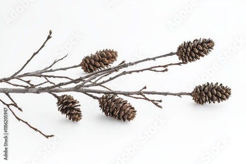 pinecones, fir branches, winter theme, white background, close-up, minimalistic design, natural elements, botanical detail photo