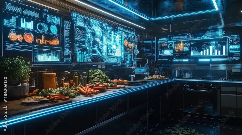 A futuristic kitchen with holographic displays and fresh produce, symbolizing smart home advancements.