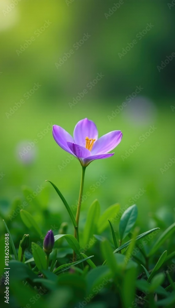 Soft focus on a single purple periwinkle flower in a sea of green grass, closeup, grass, flora Soft focus on a single purple periwinkle flower in a sea of green grass, closeup, grass, flora