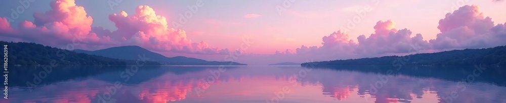 Fototapeta premium Pink clouds float above a tranquil lake at dusk, soft focus, serene water, cloud formations