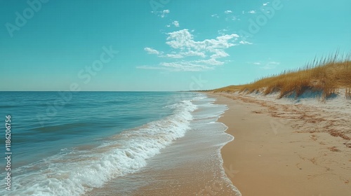 Serene coastal landscape with gentle waves and clear blue sky on a sunny day