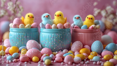 A vibrant Easter candy jar featuring colorful eggs, marshmallow chicks, and jellybeans in pastel shades. photo