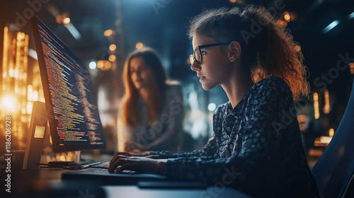 A young programmer intensely focused on coding, working in a modern workspace illuminated by warm ambient lighting, showcasing creativity and technology photo