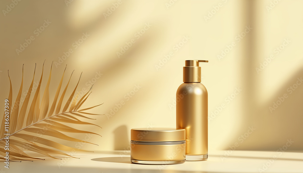 Naklejka premium 3d render, white cosmetic bottles with golden caps stand on wet floor with reflection in the water. Premium design beauty products set. Clean style blank package mockup