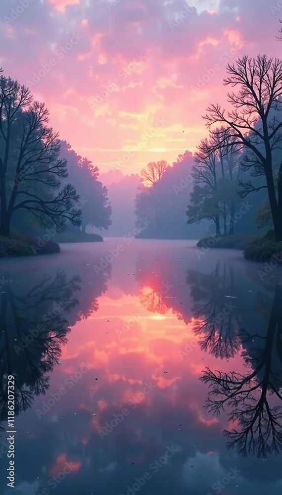 Obraz premium Foggy lake at dawn with misty reflections and trees, peaceful, trees, water