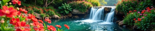 Waterfall scenery with blooming flowers nearby, warm weather, flower garden, nature scene