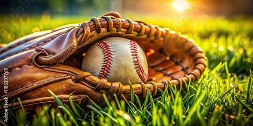 Close-up macro reveals a weathered baseball glove and ball nestled in vibrant green grass.