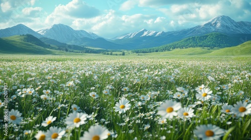 Lush green meadow filled with wildflowers under a bright blue sky during sunn...
