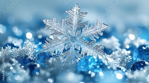 A frosty blue winter forest of evergreen pine and fir trees, their branches laden with snow and ice, evokes a cold, frozen Christmas holiday season