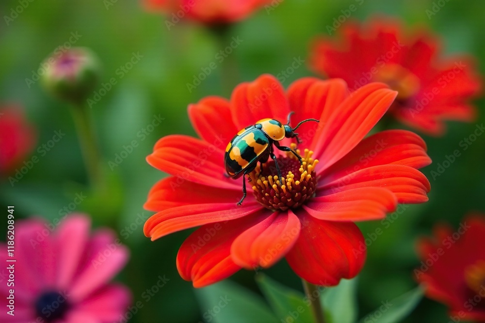 Colorful beetle crawling on a bright red flower, flowers, beetle, garden Colorful beetle crawling on a bright red flower, flowers, beetle, garden